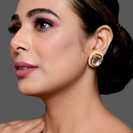 Mirror Stone Stud Earrings with Pearl Border Finish